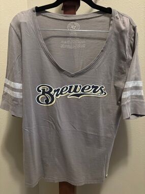 47 Brewers Taupe V-Neck Tee with White Sleeve Stripes